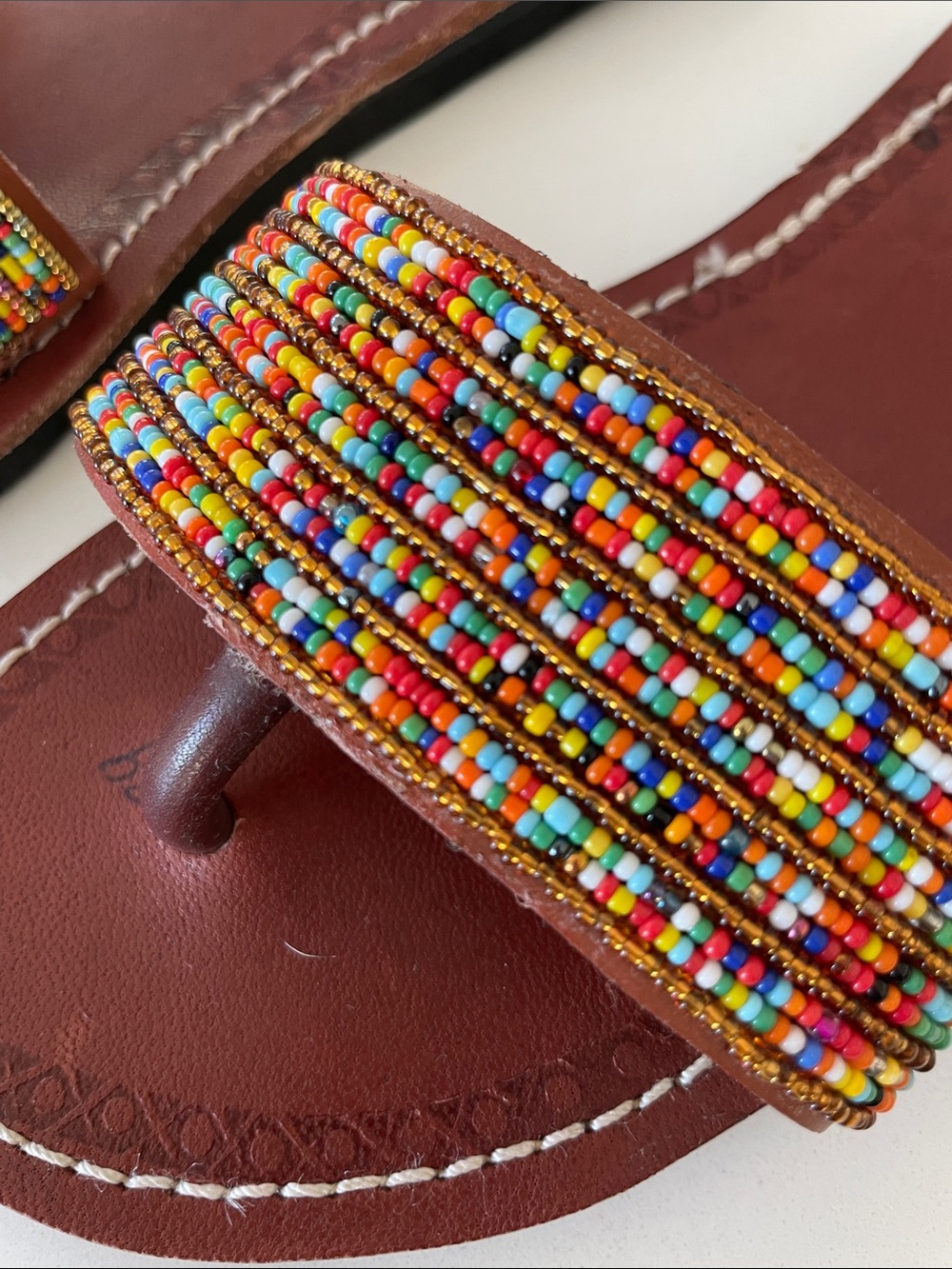 Hand Made in Kenya Brown Leather Beaded Slide Sandals - Multicolor Seed Beads 39